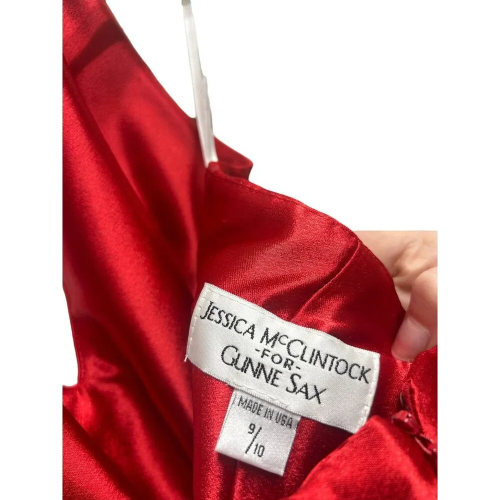 Jessica McClintock Gunne Sax Vintage 90's Red Satin Halter Evening Gown with Rhi - Picture 6 of 9